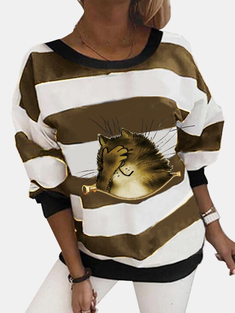 Kvinder Tegneserie Kat Vandret Stribe Print Casual Langærmede Sweatshirts