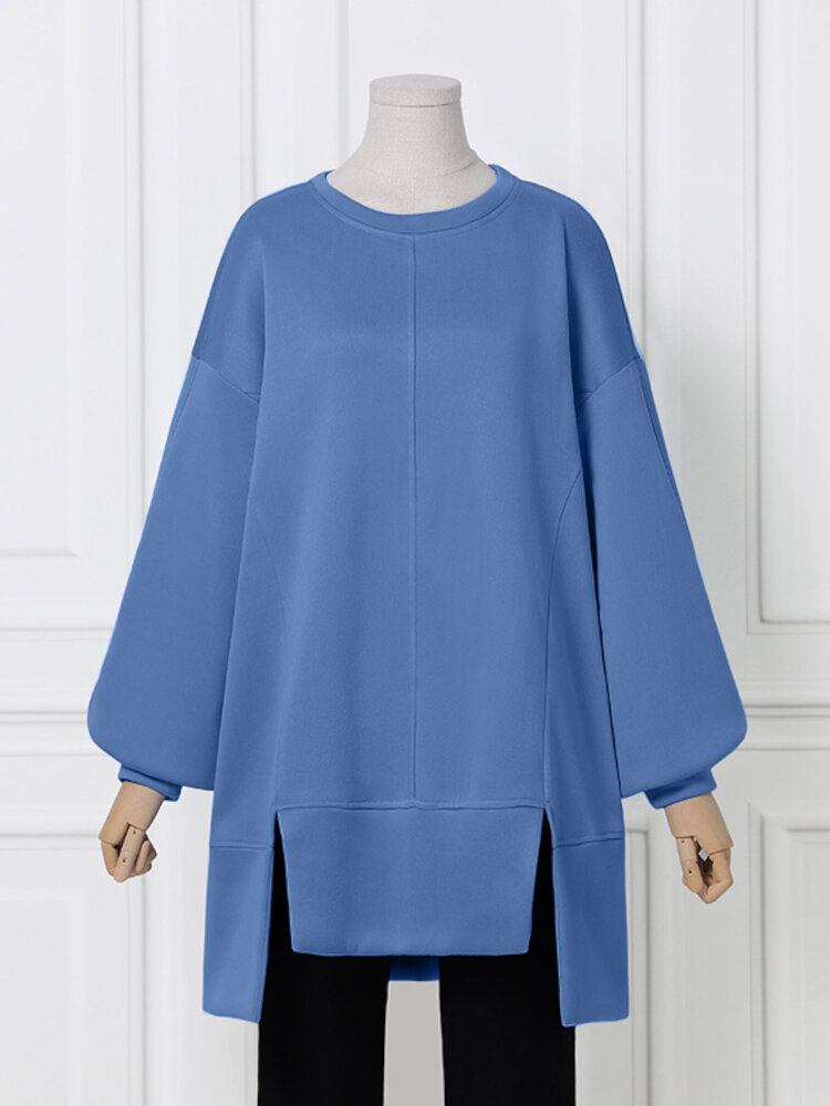 Kvinder Tyk Løs Sidegaffel Ensfarvet Puff Sleeve Sweatshirt