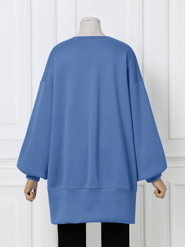 Kvinder Tyk Løs Sidegaffel Ensfarvet Puff Sleeve Sweatshirt