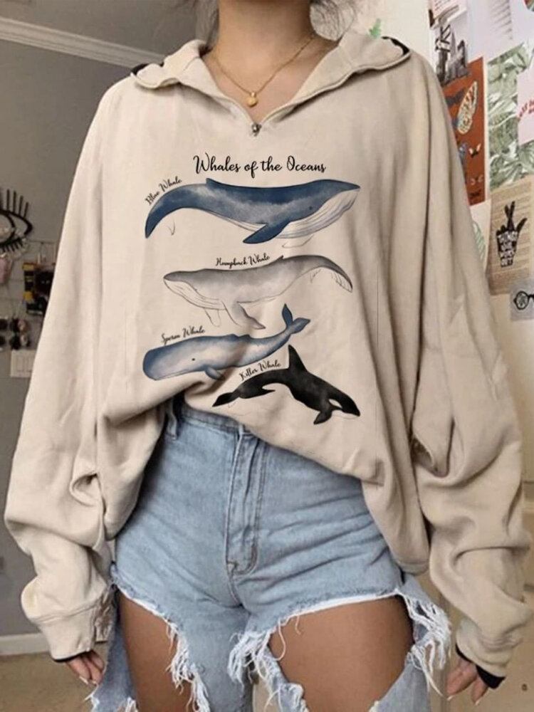 Kvinder Variety Whale Print Løs Pullover Langærmede Sweatshirts