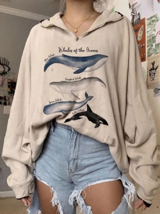 Kvinder Variety Whale Print Løs Pullover Langærmede Sweatshirts