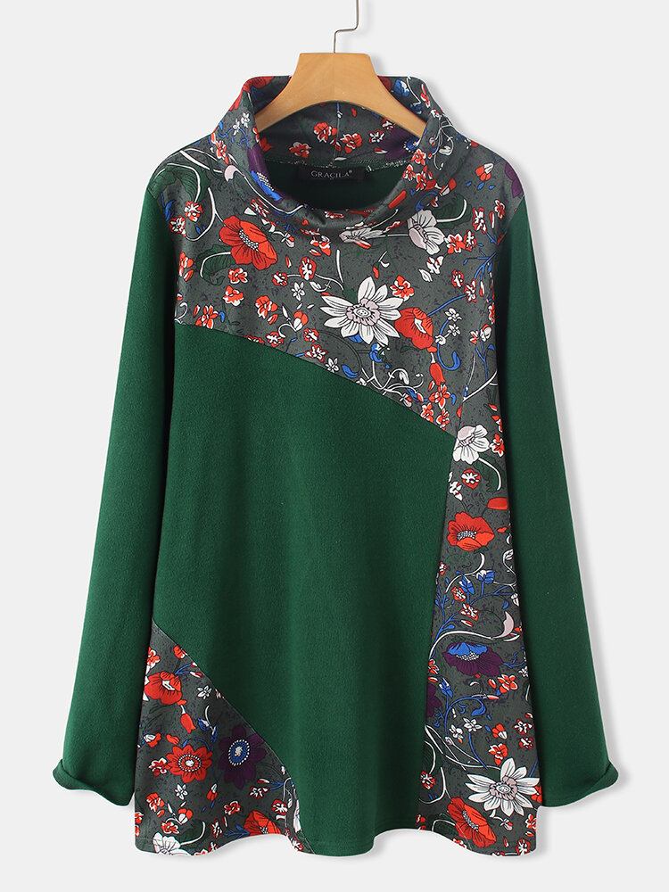 Kvinder Vintage Blomsterprint Patchwork Langærmet Rullekrave Sweatshirts