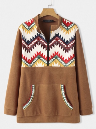 Kvinder Vintage Geometrisk Print Med Halv Lynlås Polar Fleece Sweatshirts Med Lommelomme