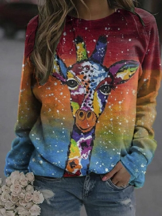 Langærmede Sweatshirts Med Langærmet Farverige Giraftryk Til Kvinder