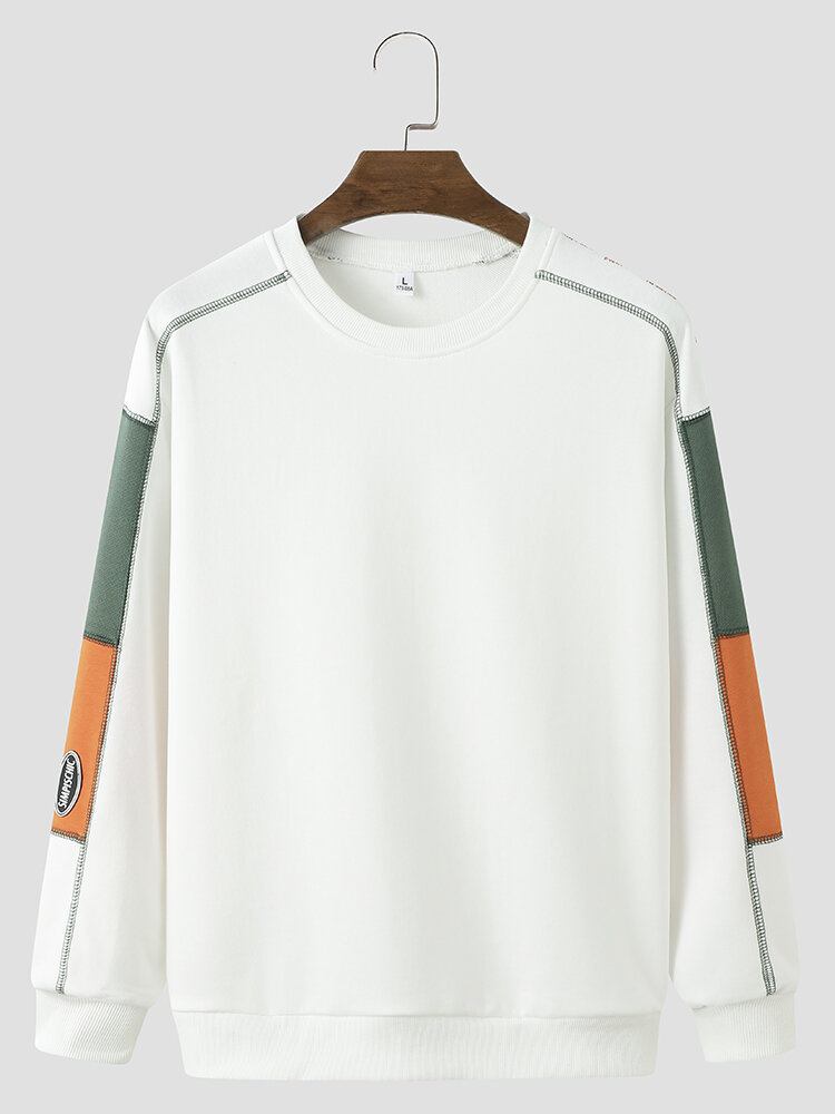 Mænd Bomuld Patchwork Brevtryk Crew Neck Pullover Sweatshirt