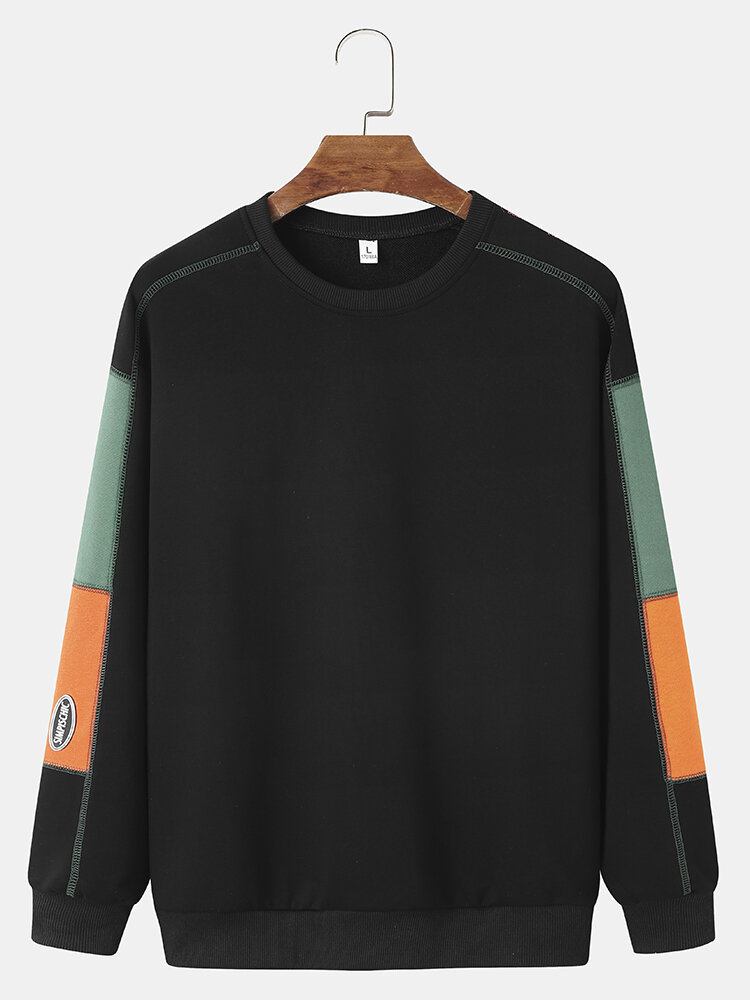 Mænd Bomuld Patchwork Brevtryk Crew Neck Pullover Sweatshirt