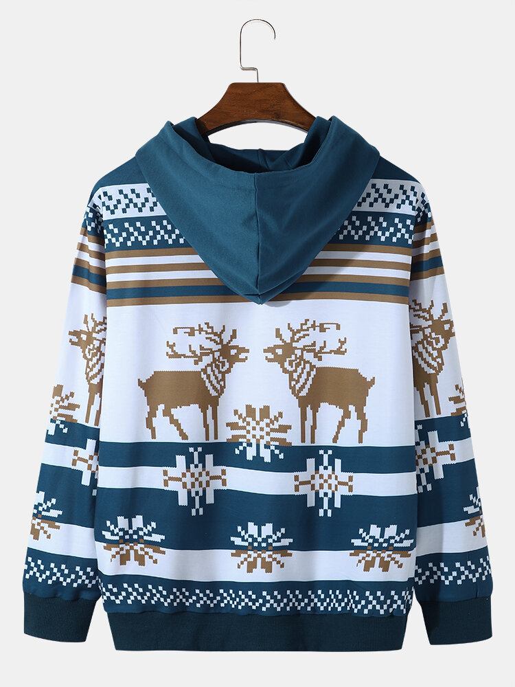 Mænd Christmas Snow Elk Kontrasttryk Casual Hættetrøje