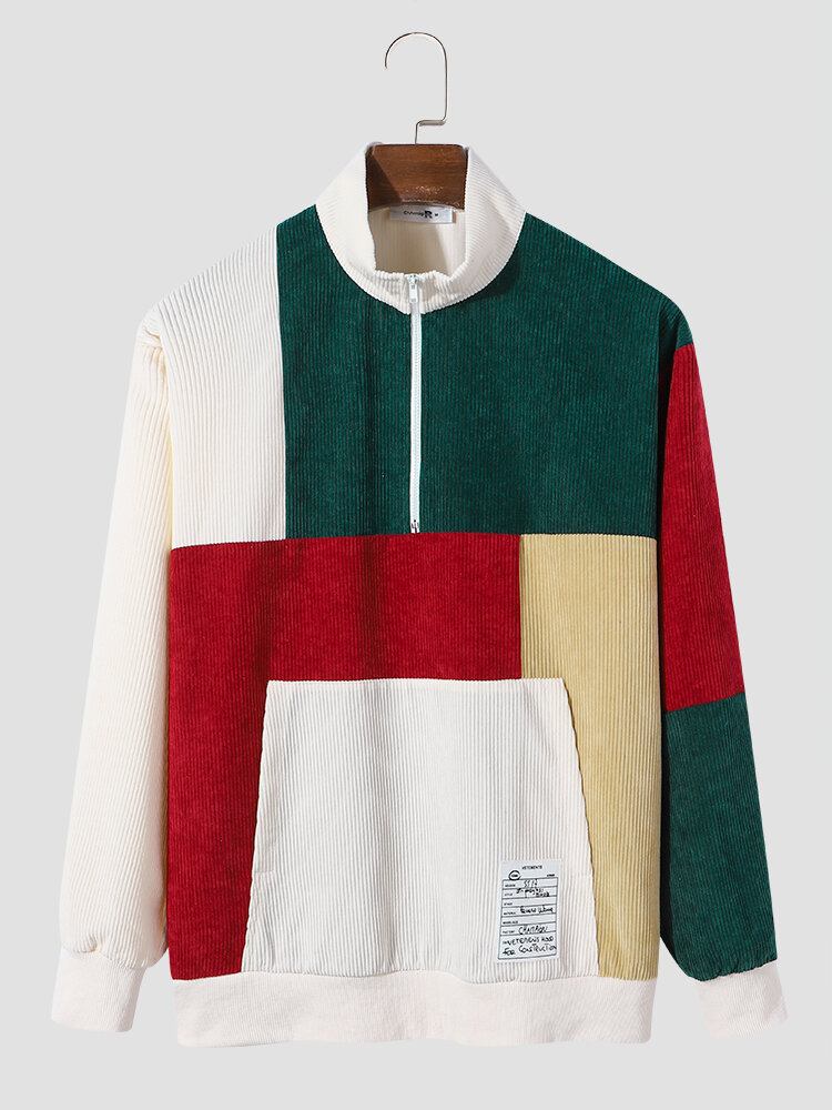 Mænd Color Block Patchwork Halv Lynlås Fløjlstrøje Sweatshirts