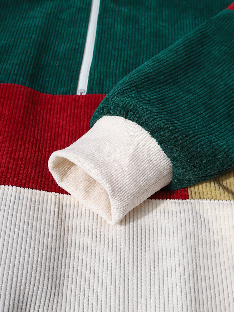 Mænd Color Block Patchwork Halv Lynlås Fløjlstrøje Sweatshirts