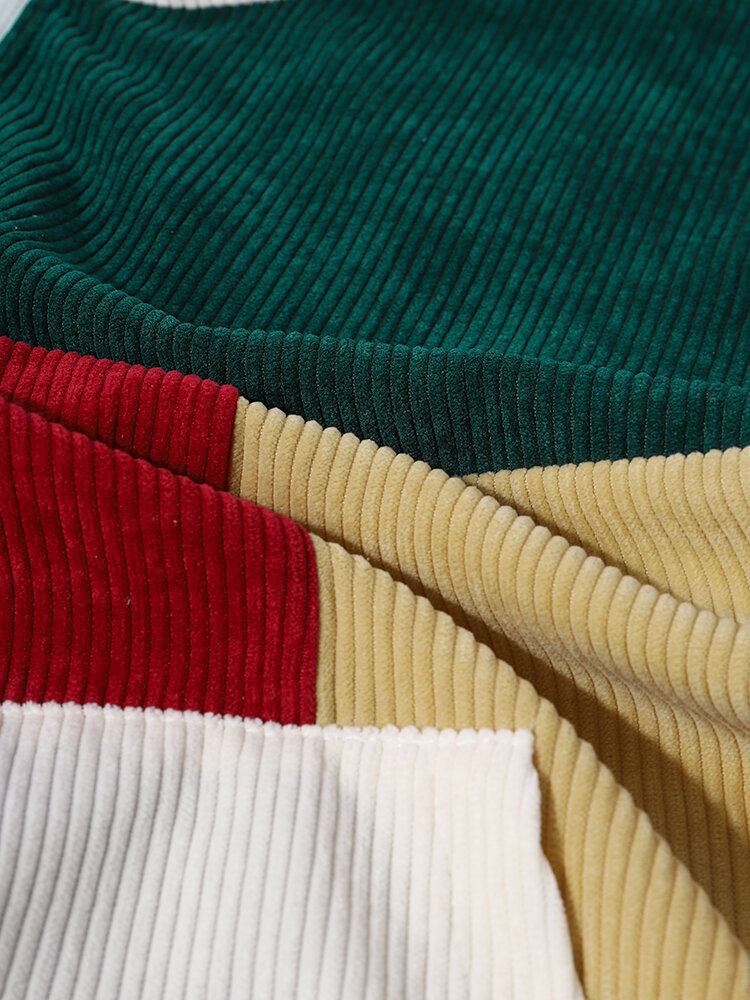 Mænd Color Block Patchwork Halv Lynlås Fløjlstrøje Sweatshirts