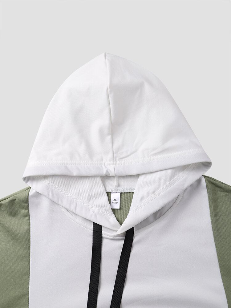 Mænd Colorblock Kangaroo Pocket Drop Skulder Casual Hættetrøjer Med Snoretræk