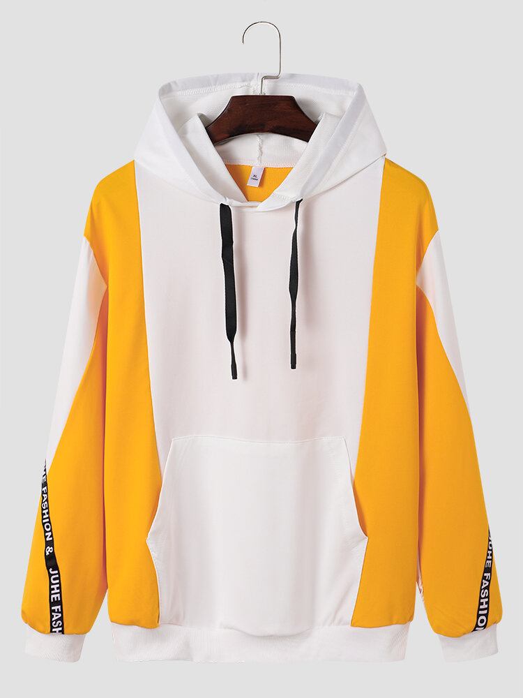 Mænd Colorblock Kangaroo Pocket Drop Skulder Casual Hættetrøjer Med Snoretræk