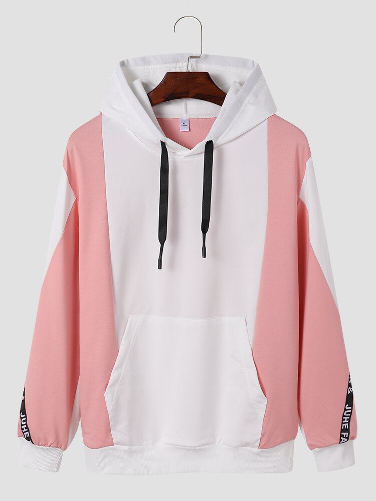 Mænd Colorblock Kangaroo Pocket Drop Skulder Casual Hættetrøjer Med Snoretræk