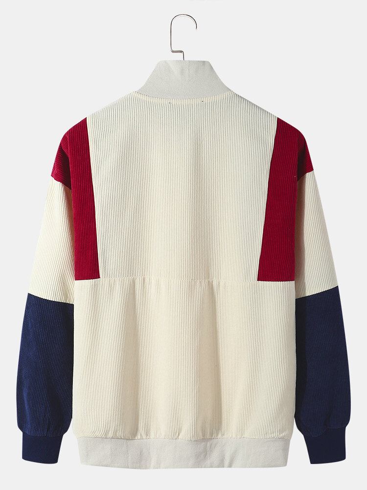 Mænd Corduroy Colorblock Patchwork Brev Sweatshirts Med Broderet Lynlås