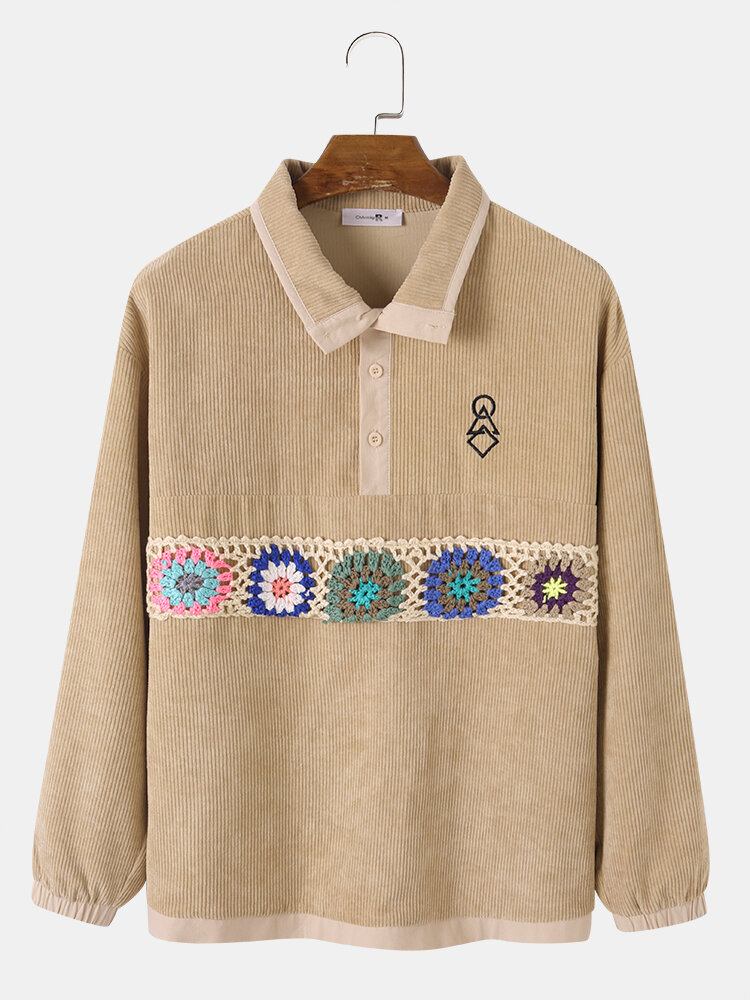 Mænd Corduroy Flower Webbing Applikation Halvkrave Casual Sweatshirt