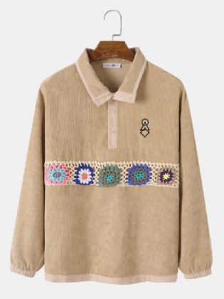 Mænd Corduroy Flower Webbing Applikation Halvkrave Casual Sweatshirt