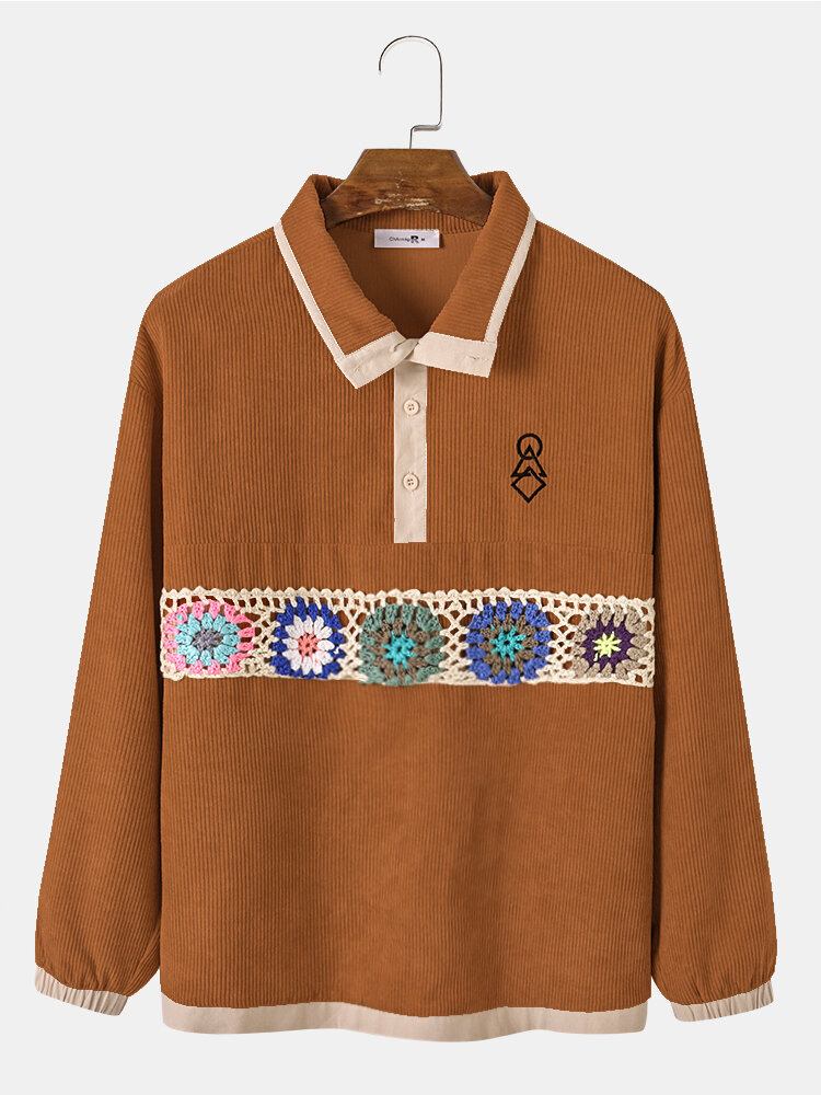 Mænd Corduroy Flower Webbing Applikation Halvkrave Casual Sweatshirt