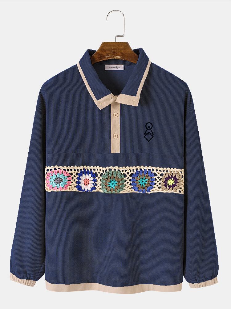 Mænd Corduroy Flower Webbing Applikation Halvkrave Casual Sweatshirt