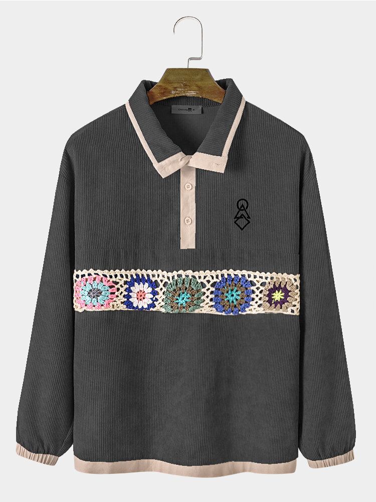 Mænd Corduroy Flower Webbing Applikation Halvkrave Casual Sweatshirt