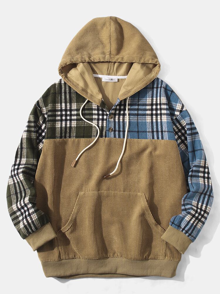 Mænd Corduroy Plaid Patchwork Kangaroo Sweatshirt Med Lommeknap