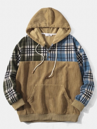 Mænd Corduroy Plaid Patchwork Kangaroo Sweatshirt Med Lommeknap