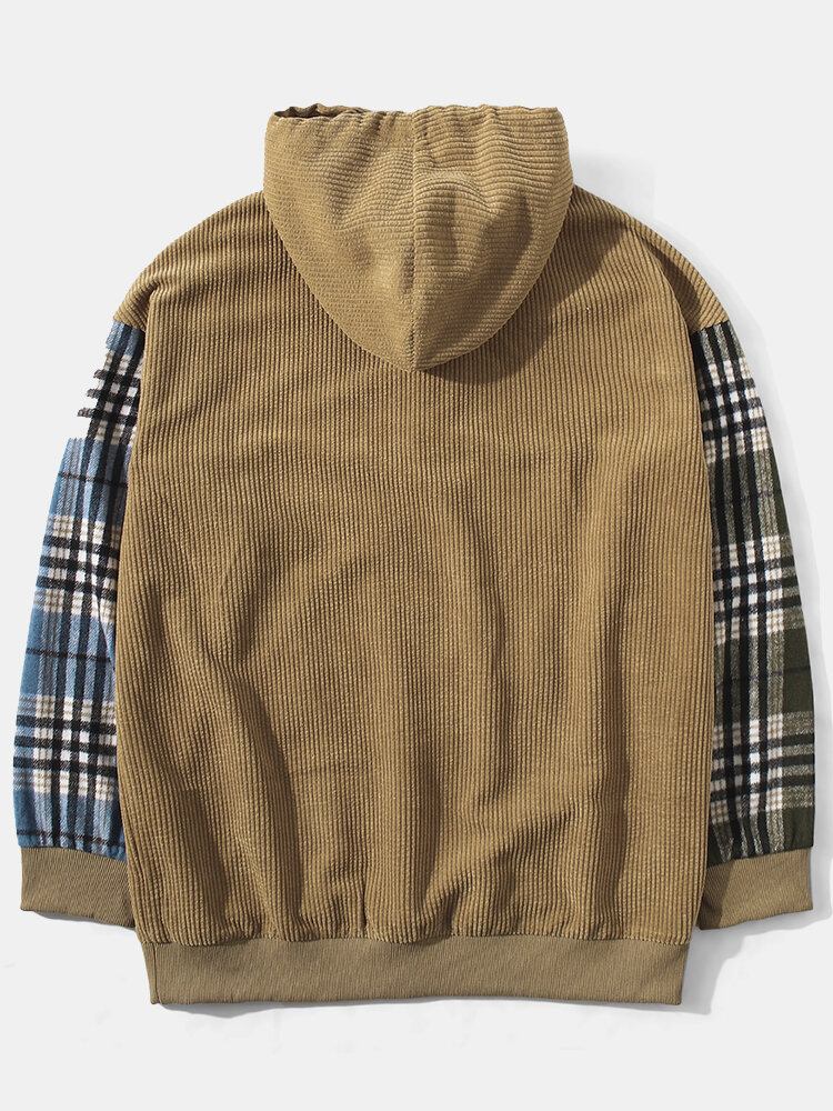 Mænd Corduroy Plaid Patchwork Kangaroo Sweatshirt Med Lommeknap