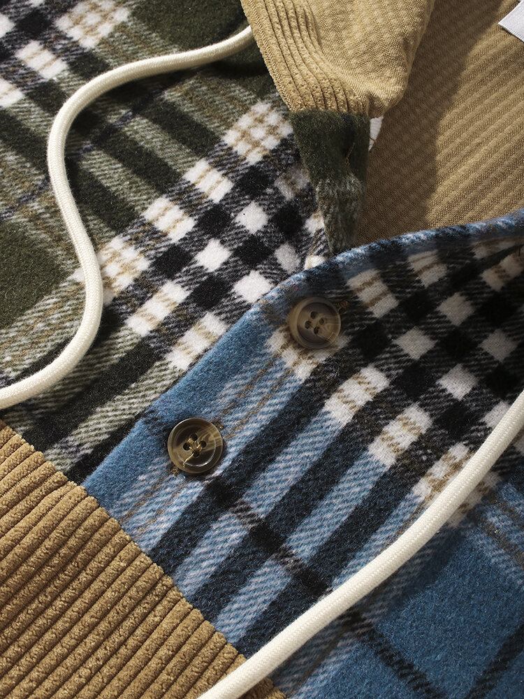 Mænd Corduroy Plaid Patchwork Kangaroo Sweatshirt Med Lommeknap