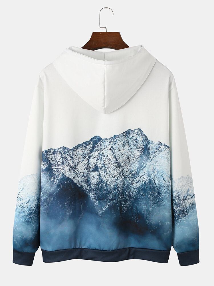 Mænd Design Mountain Landscape Print Lomme Hættetrøjer Med Snøre