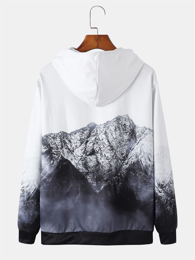 Mænd Design Mountain Landscape Print Lomme Hættetrøjer Med Snøre