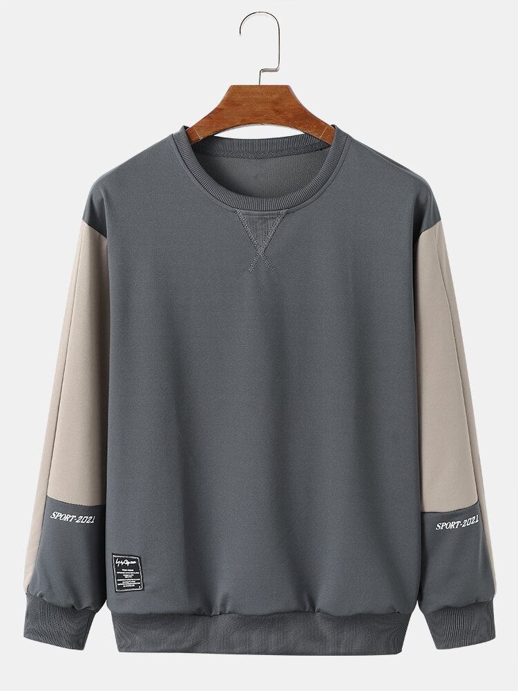 Mænd Farve Blok Bogstav Rundhalset Pullover Langærmet Sweatshirt