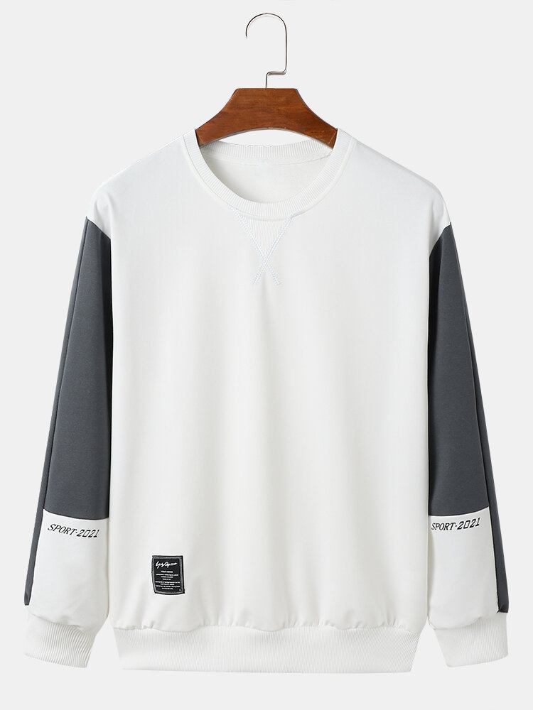 Mænd Farve Blok Bogstav Rundhalset Pullover Langærmet Sweatshirt