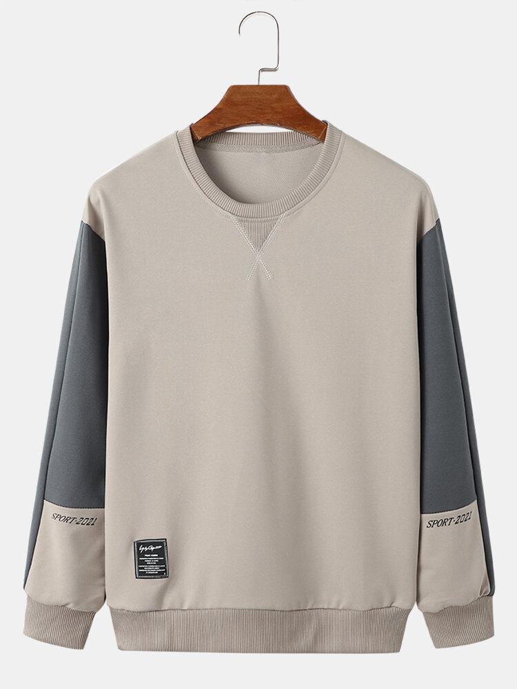 Mænd Farve Blok Bogstav Rundhalset Pullover Langærmet Sweatshirt