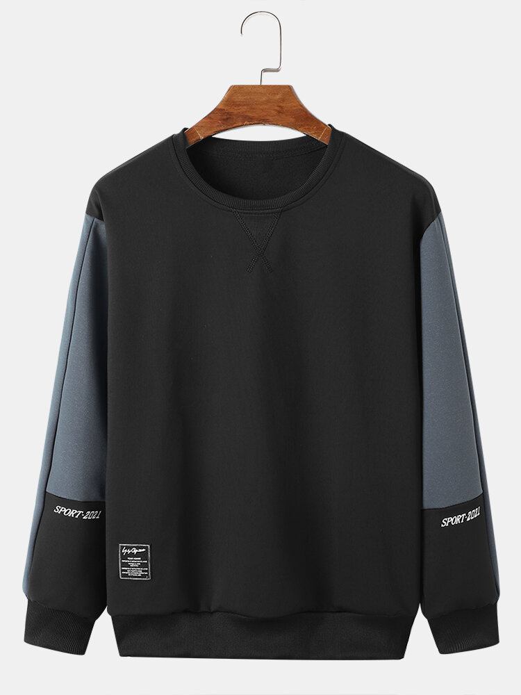 Mænd Farve Blok Bogstav Rundhalset Pullover Langærmet Sweatshirt