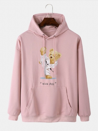 Mænd Kung Fu Bear Printed Letter Kangaroo Pocket Drop Skulder Sweatshirt Med Hætte