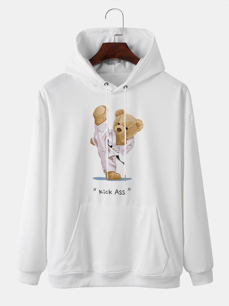 Mænd Kung Fu Bear Printed Letter Kangaroo Pocket Drop Skulder Sweatshirt Med Hætte