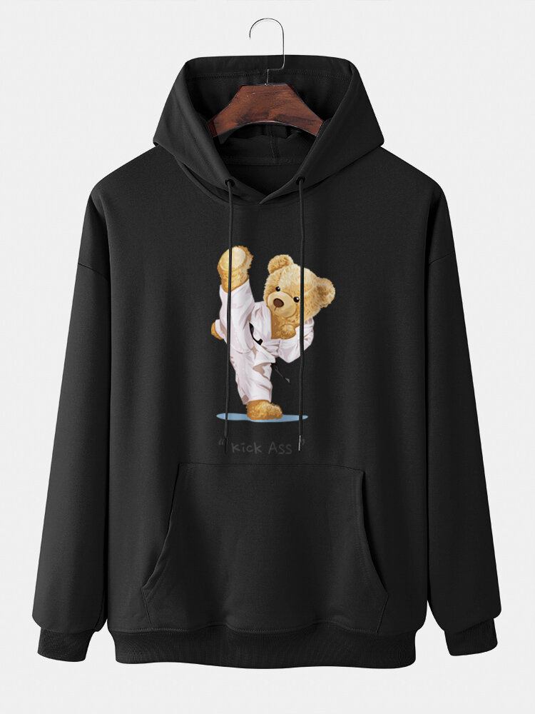 Mænd Kung Fu Bear Printed Letter Kangaroo Pocket Drop Skulder Sweatshirt Med Hætte