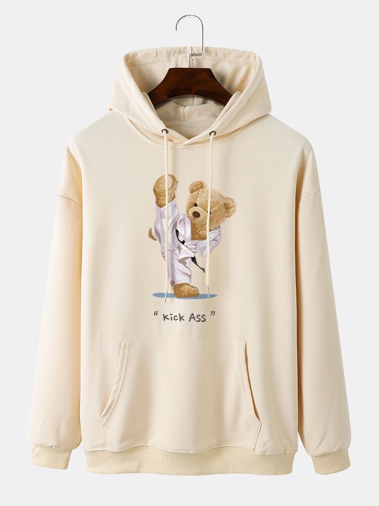 Mænd Kung Fu Bear Printed Letter Kangaroo Pocket Drop Skulder Sweatshirt Med Hætte