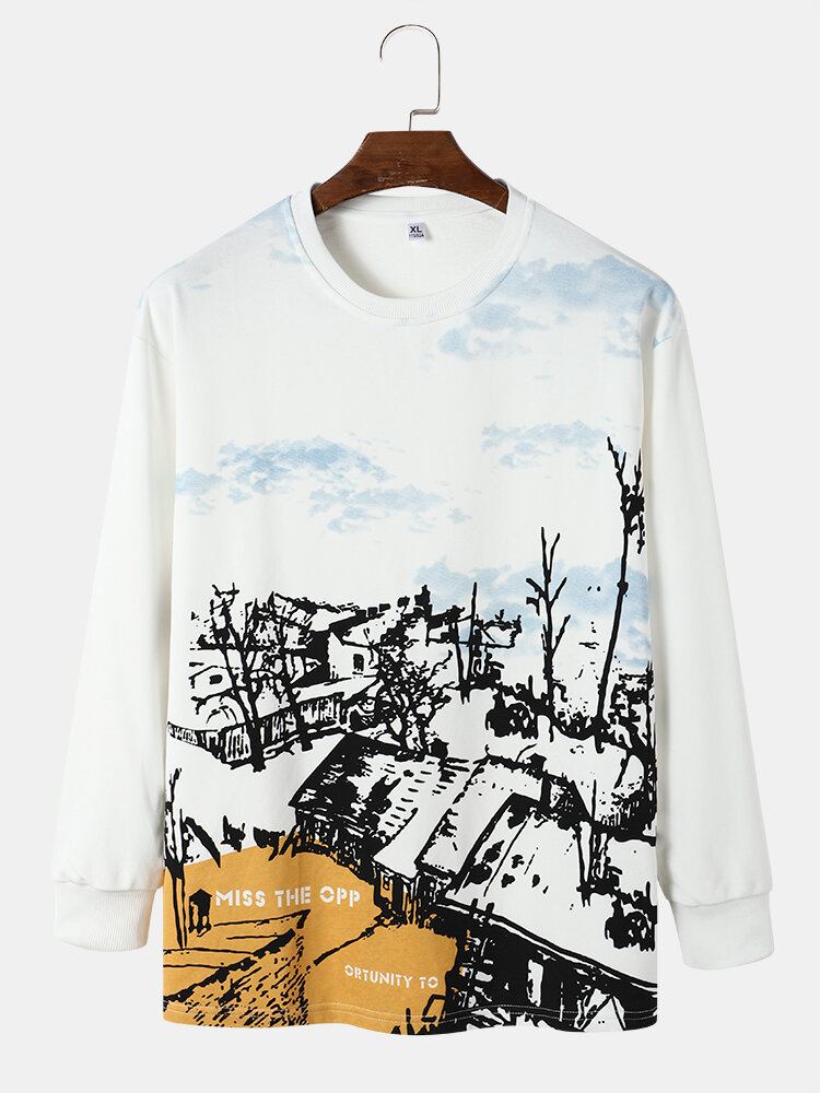 Mænd Landskabsmønster Brev Langærmet Casual Pullover Sweatshirt