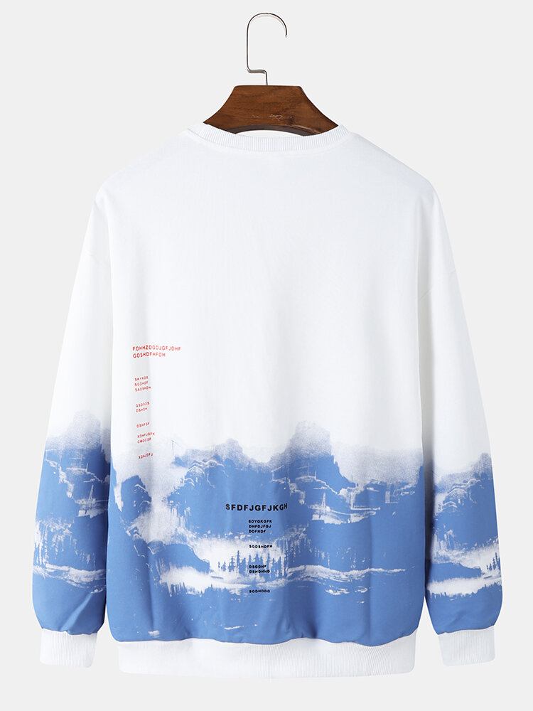 Mænd Landskabsmønster Patchwork Langærmet Pullover Sweatshirt