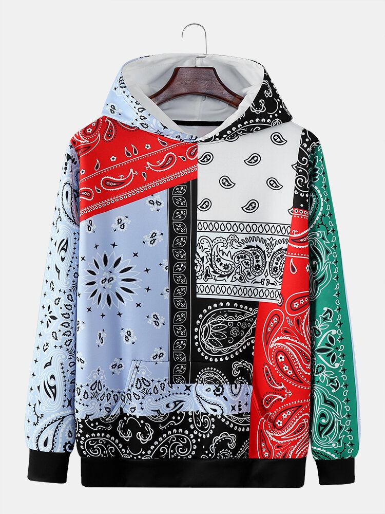 Mænd Paisley Kontrastfarve Patchwork Kangaroo Pocket Hættetrøje