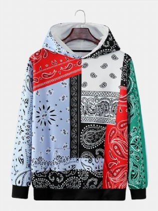 Mænd Paisley Kontrastfarve Patchwork Kangaroo Pocket Hættetrøje