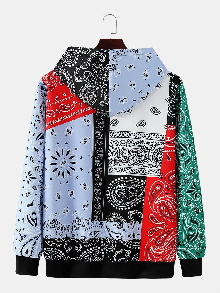 Mænd Paisley Kontrastfarve Patchwork Kangaroo Pocket Hættetrøje