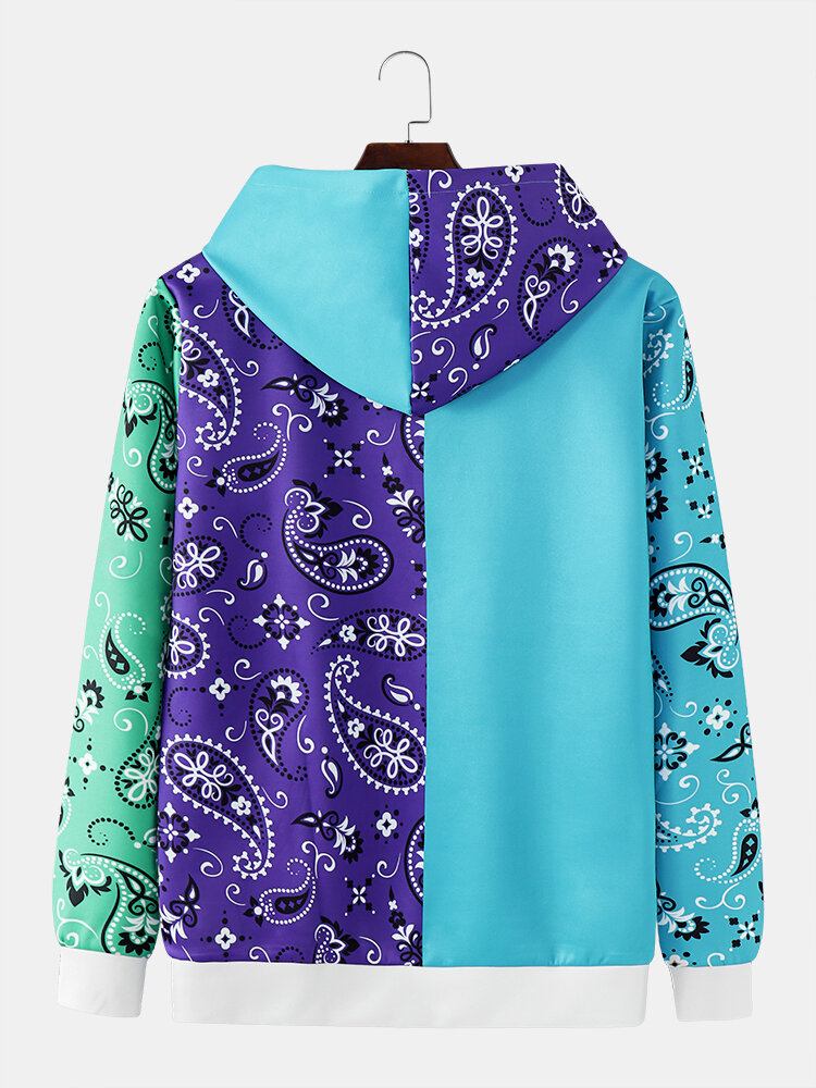 Mænd Paisley Patchwork Kontrastfarve Kangaroo Pocket Letter Hættetrøje