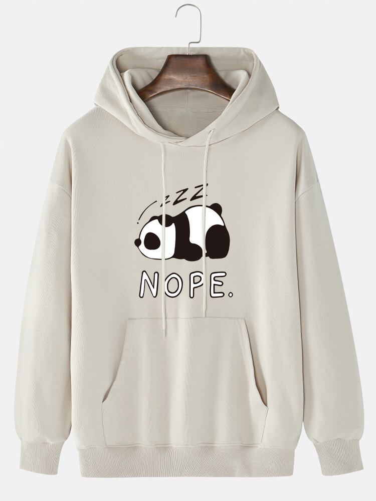 Mænd Panda Letter Print Drop Skulder Bomuld Casual Hættetrøjer Med Snøre