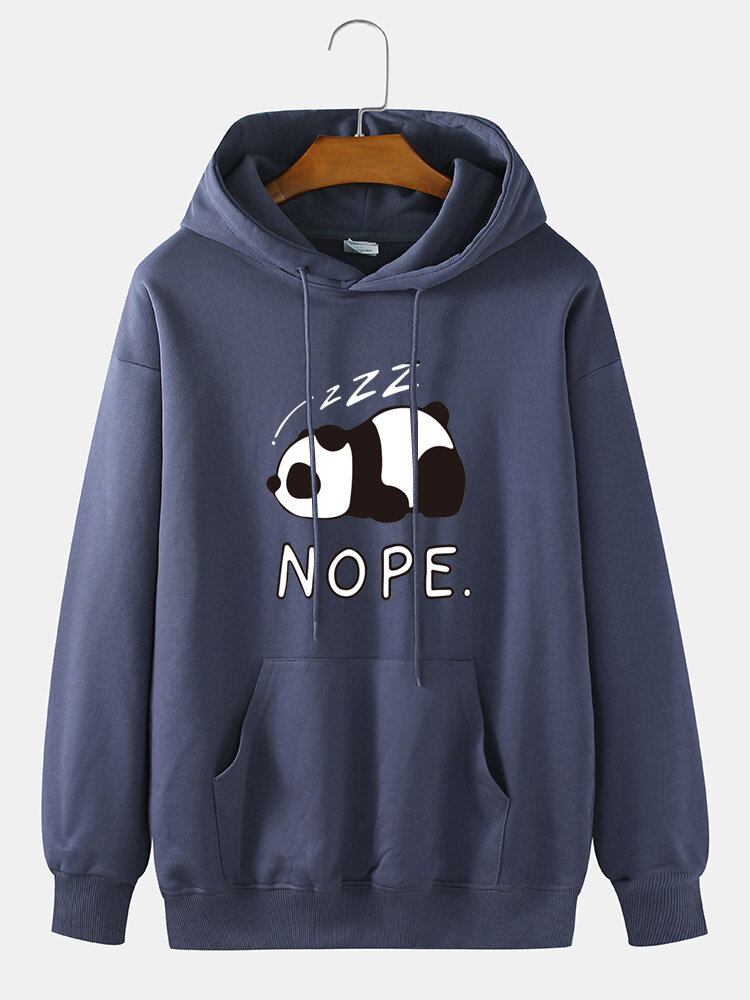 Mænd Panda Letter Print Drop Skulder Bomuld Casual Hættetrøjer Med Snøre