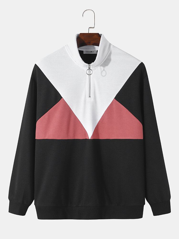 Mænd Patchwork Colorblock 1/3 Lynlås Sweatshirt Med Høj Hals