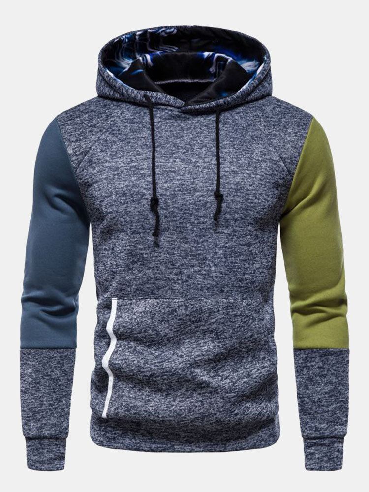 Mænd Patchwork Design Kontrast Lommetrykt Snøre Street Hooded Sweatshirt