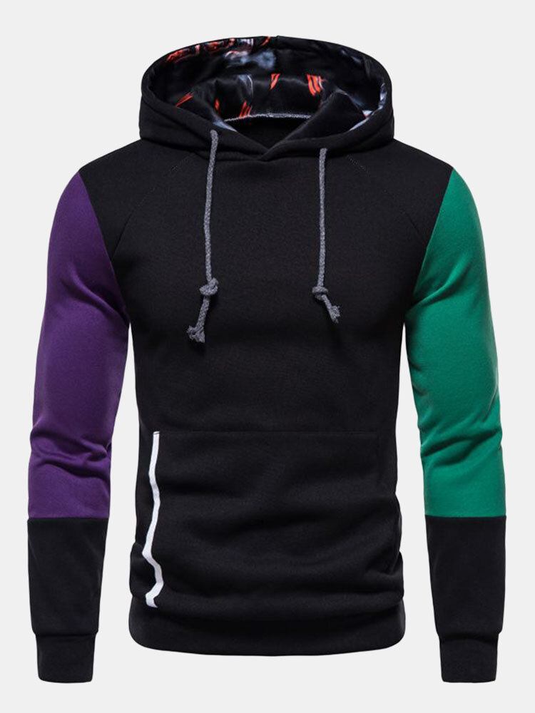 Mænd Patchwork Design Kontrast Lommetrykt Snøre Street Hooded Sweatshirt