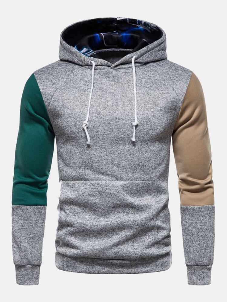 Mænd Patchwork Design Kontrast Lommetrykt Snøre Street Hooded Sweatshirt