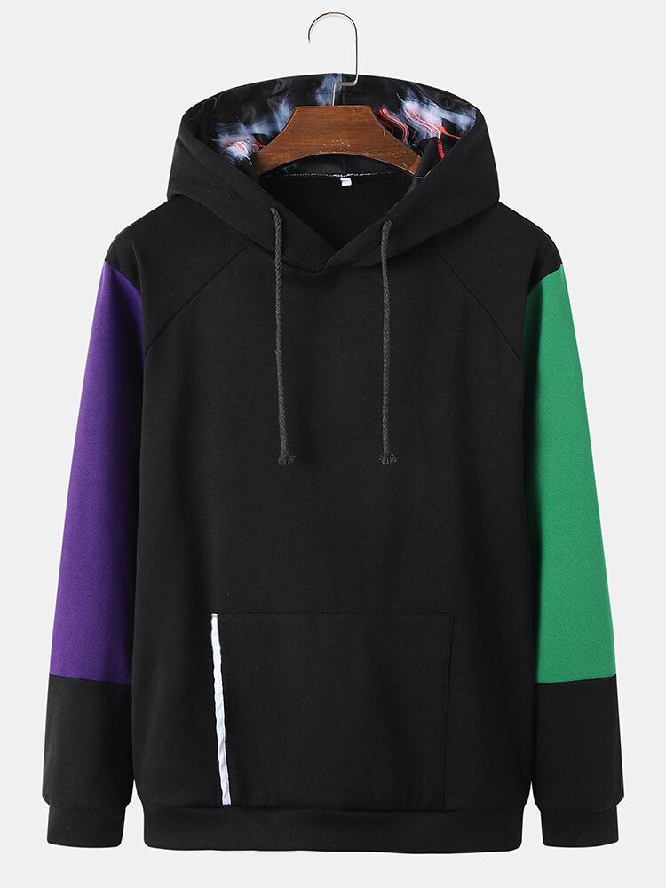 Mænd Patchwork Design Kontrast Lommetrykt Snøre Street Hooded Sweatshirt